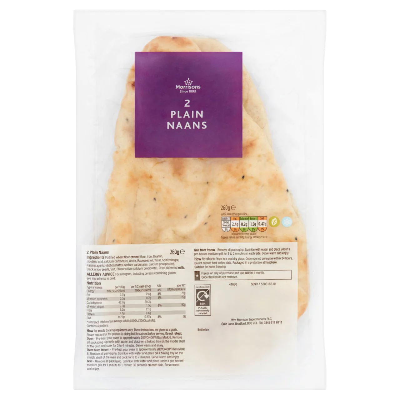 [105765974] Morrisons 2 Plain Naan 260g