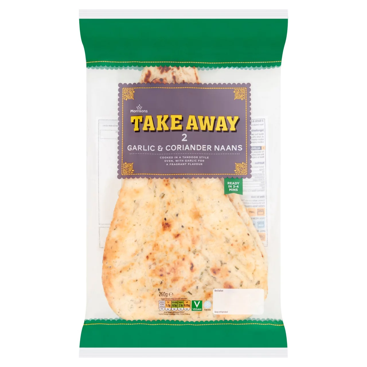 [105765907] Morrisons 2 Garlic & Coriander Garlic Naan 260g