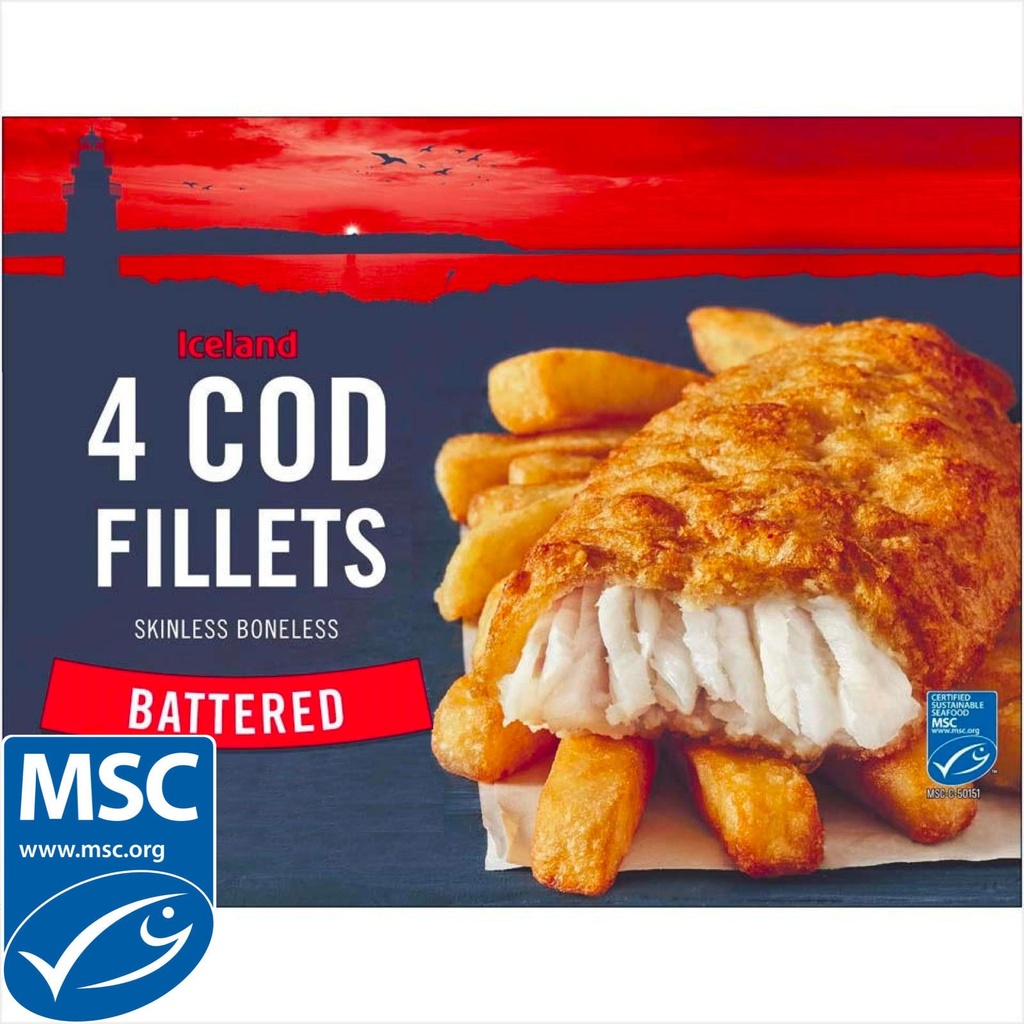 [90614] Iceland Battered 4 Cod Skinless Boneless Fillets 440g