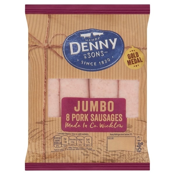 [103407] Henry Denny & Sons 8 Jumbo Pork Sausages 454g
