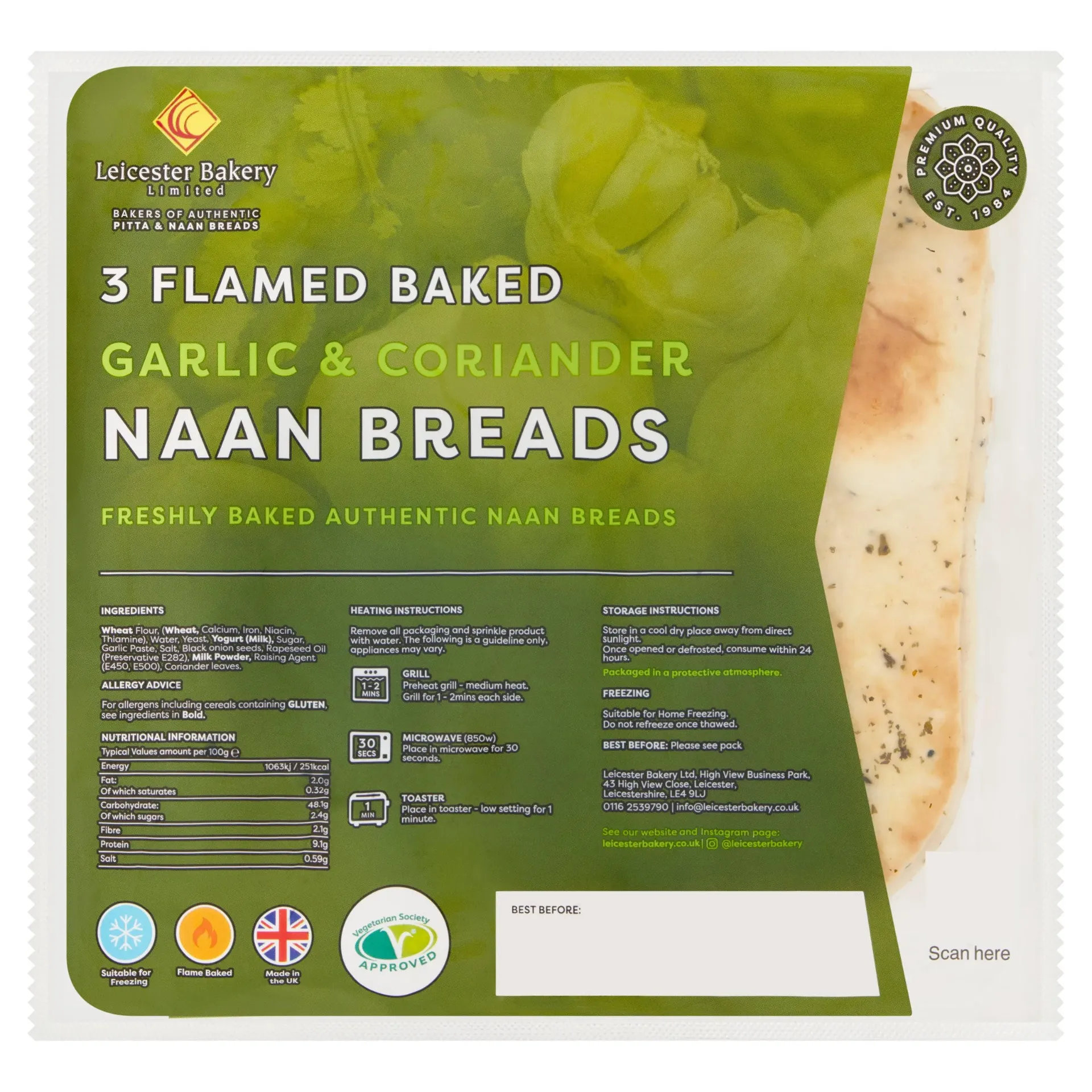 Leicester Bakery 3 Pack Garlic & Coriander Naan Breads